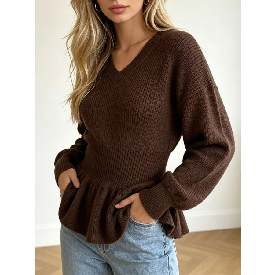 V-Neck Peplum Hem Ribbed Knit Top Apparel and Accessories