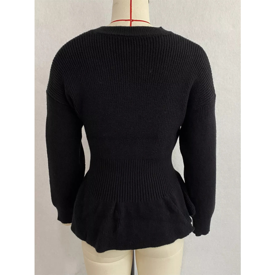 V-Neck Peplum Hem Ribbed Knit Top Apparel and Accessories