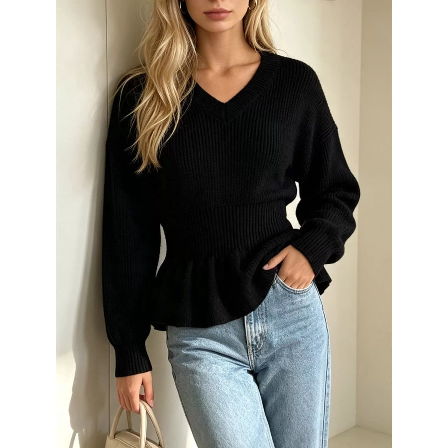 V-Neck Peplum Hem Ribbed Knit Top Apparel and Accessories