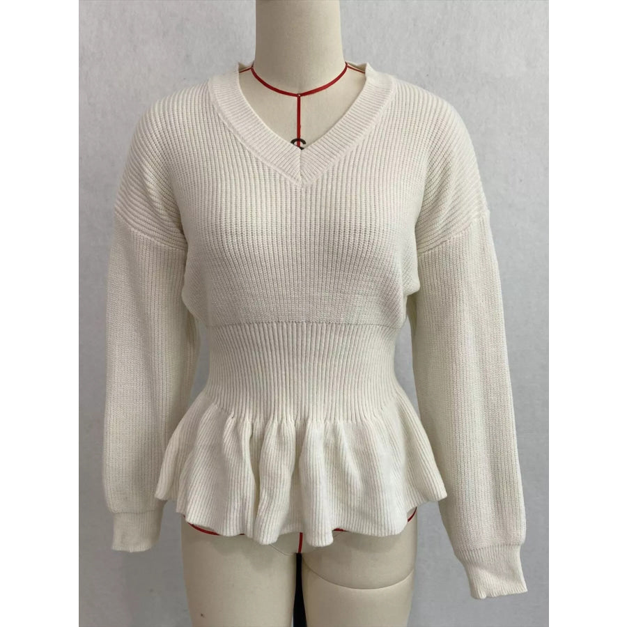 V-Neck Peplum Hem Ribbed Knit Top Apparel and Accessories