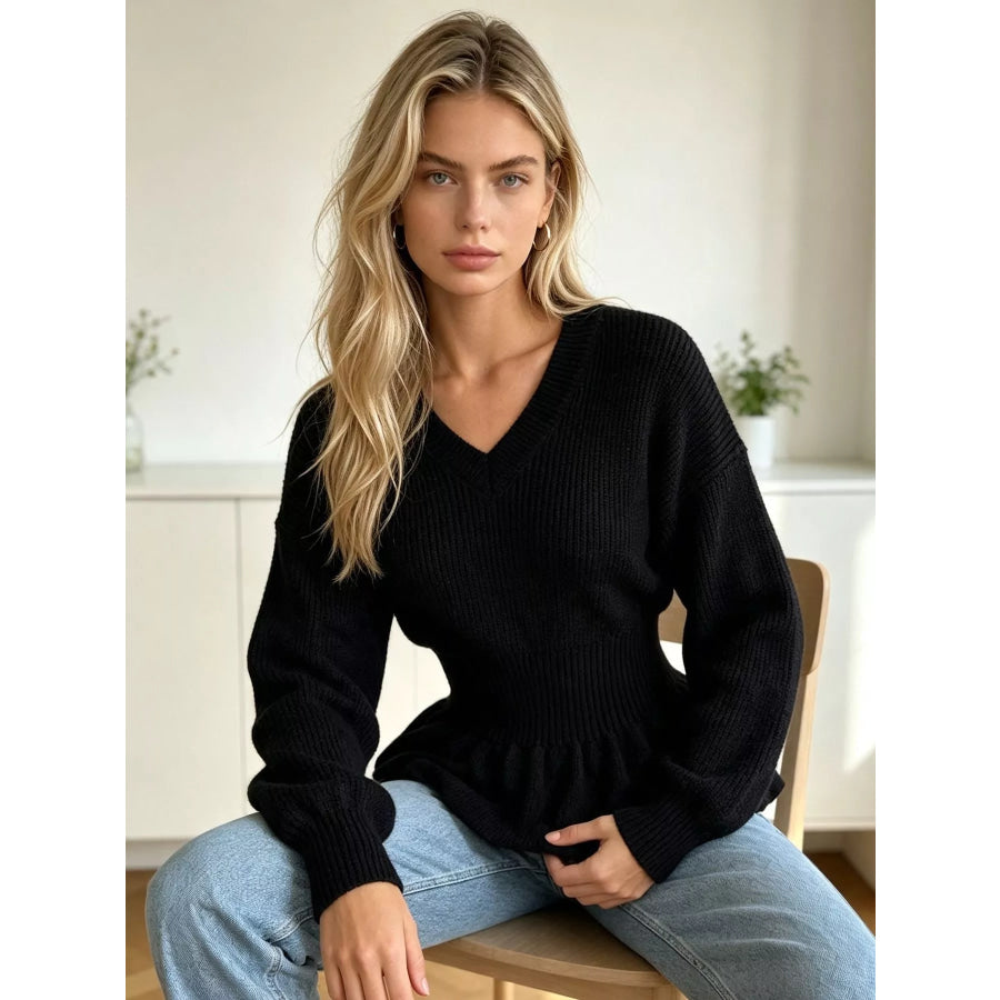 V-Neck Peplum Hem Ribbed Knit Top Apparel and Accessories
