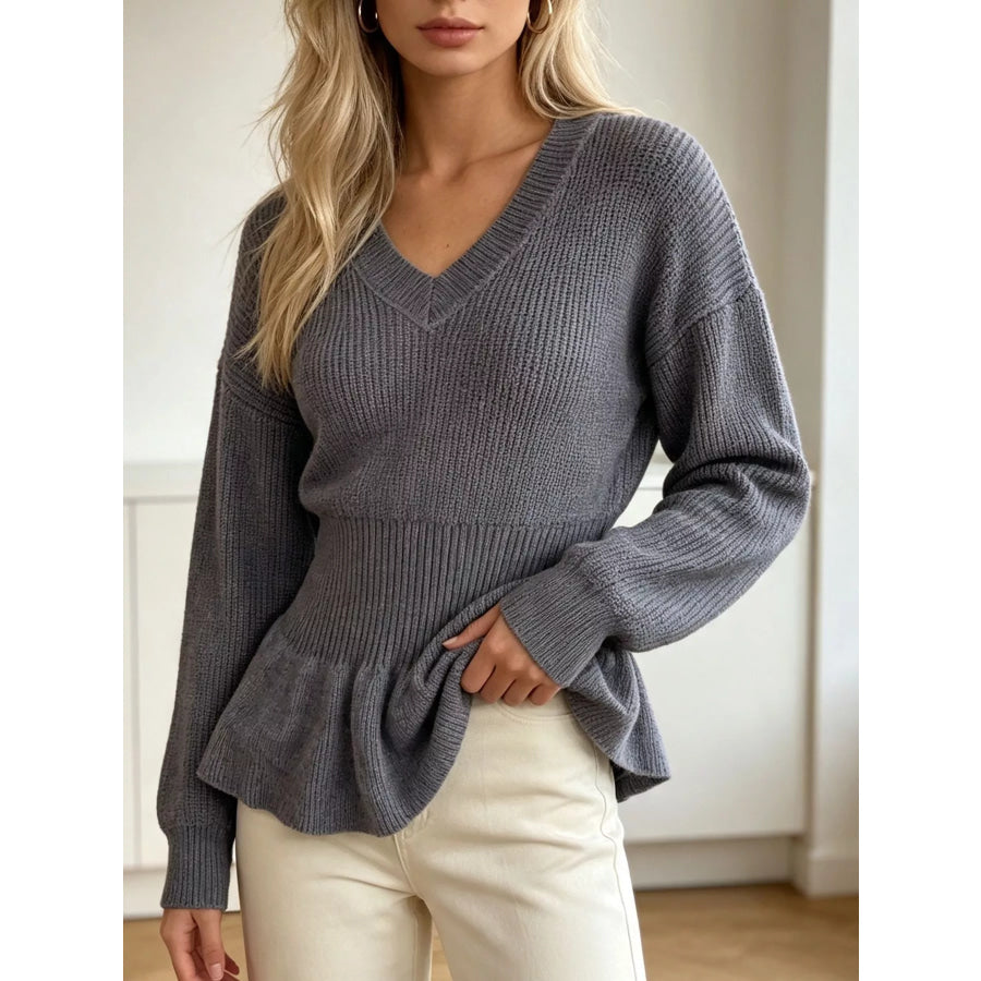 V-Neck Peplum Hem Ribbed Knit Top Apparel and Accessories
