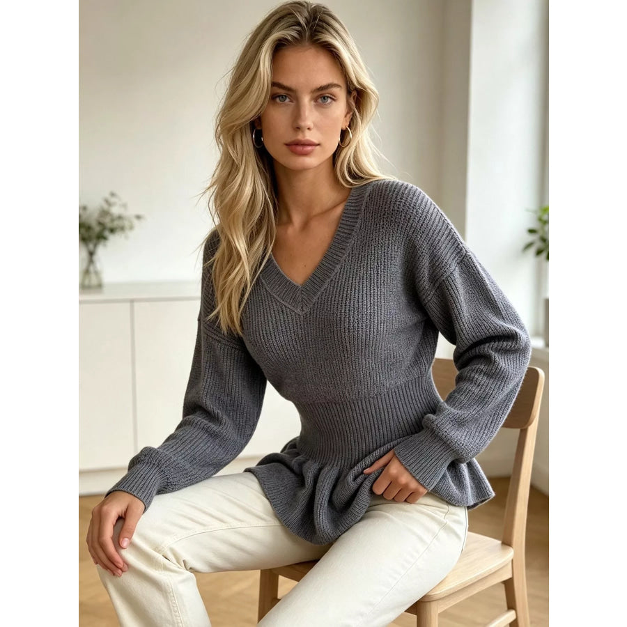 V-Neck Peplum Hem Ribbed Knit Top Apparel and Accessories