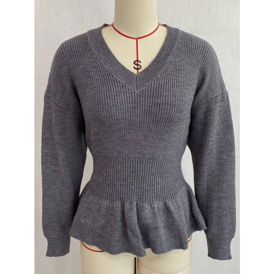 V-Neck Peplum Hem Ribbed Knit Top Apparel and Accessories