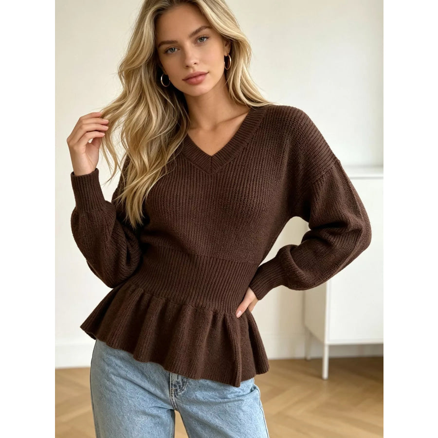 V-Neck Peplum Hem Ribbed Knit Top Apparel and Accessories