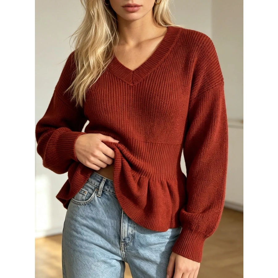 V-Neck Peplum Hem Ribbed Knit Top Apparel and Accessories