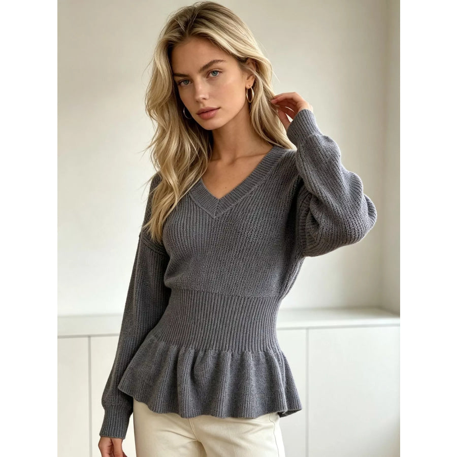 V-Neck Peplum Hem Ribbed Knit Top Apparel and Accessories