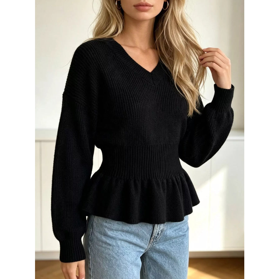 V-Neck Peplum Hem Ribbed Knit Top Apparel and Accessories
