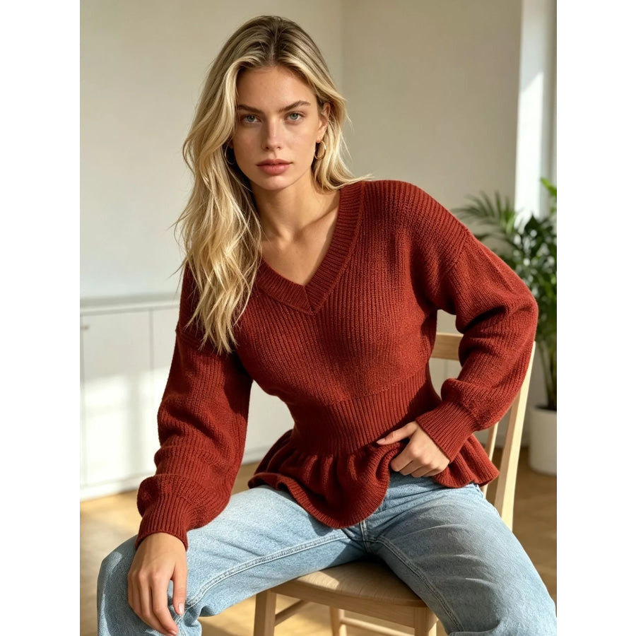 V-Neck Peplum Hem Ribbed Knit Top Apparel and Accessories