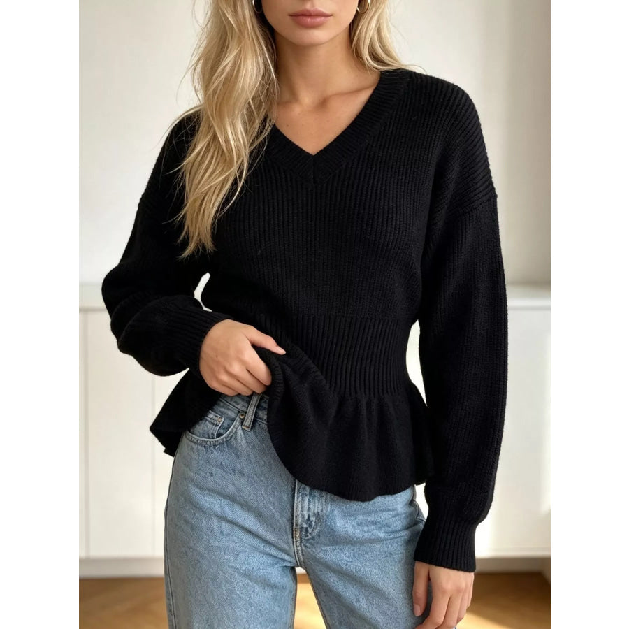 V-Neck Peplum Hem Ribbed Knit Top Black / One Size Apparel and Accessories