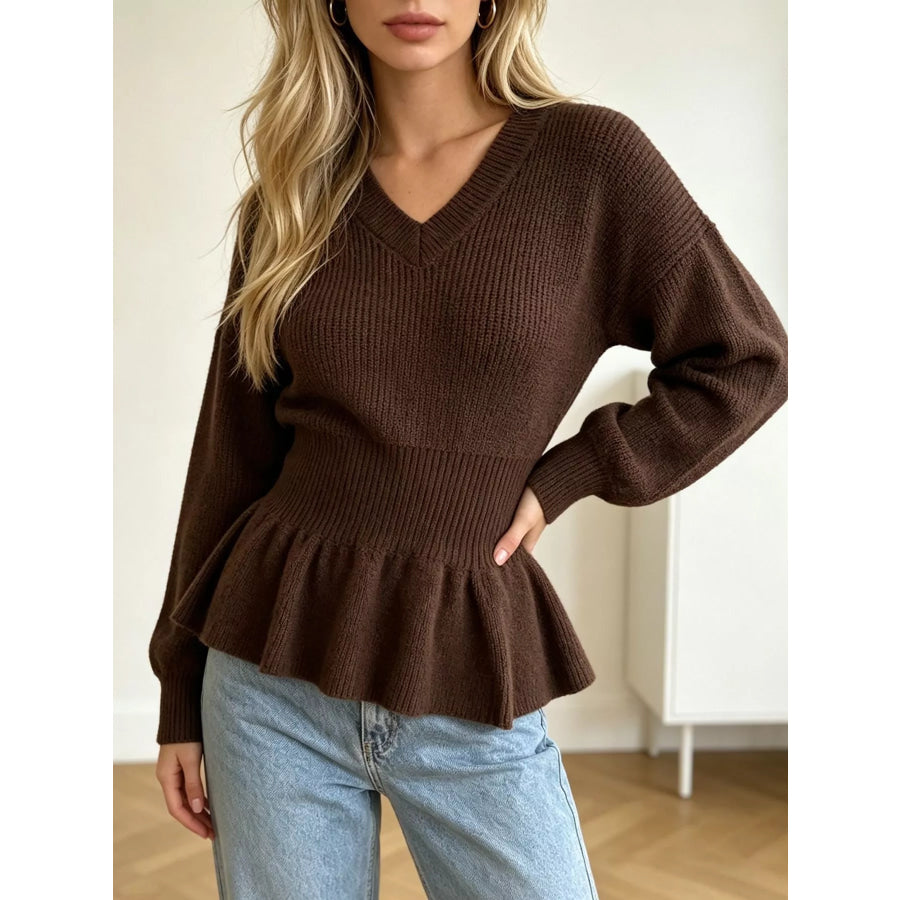 V-Neck Peplum Hem Ribbed Knit Top Brown / One Size Apparel and Accessories