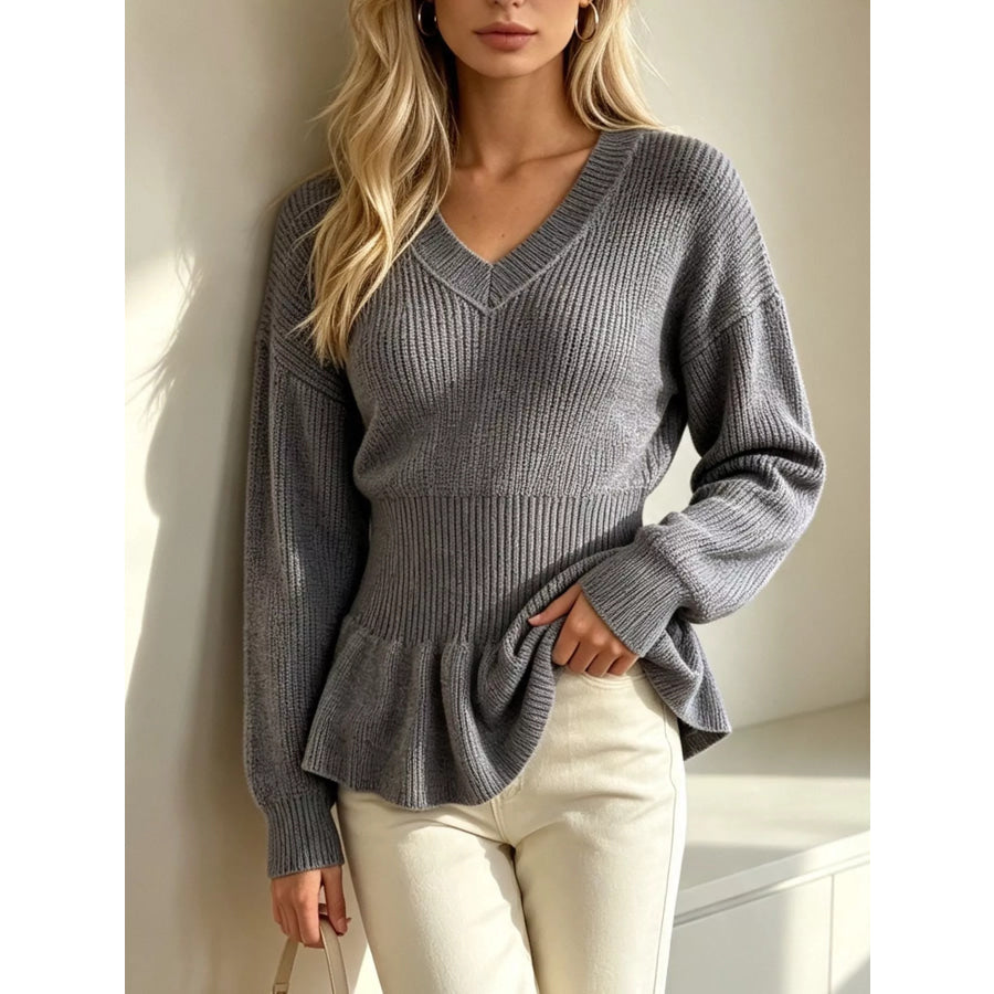 V-Neck Peplum Hem Ribbed Knit Top Gray / One Size Apparel and Accessories