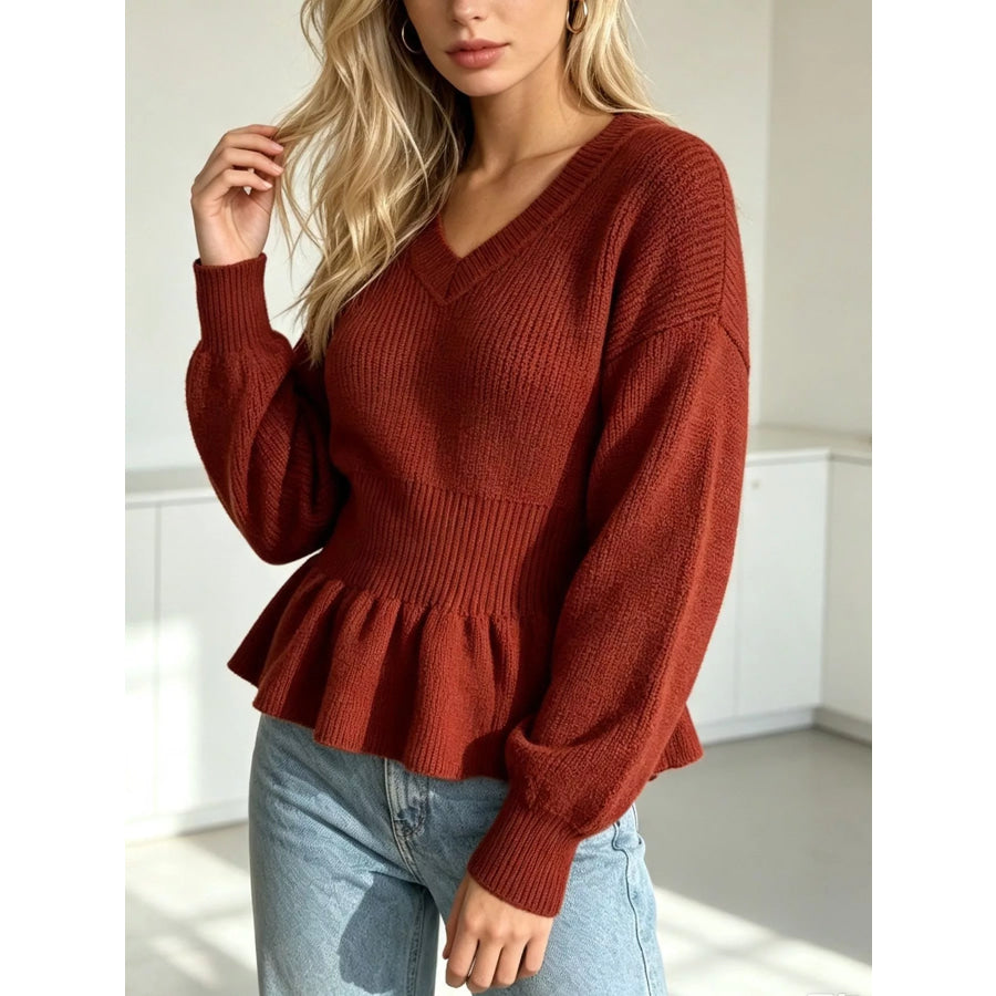 V-Neck Peplum Hem Ribbed Knit Top Red / One Size Apparel and Accessories