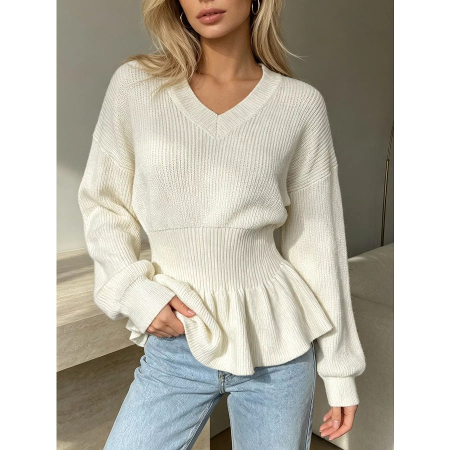 V-Neck Peplum Hem Ribbed Knit Top White / One Size Apparel and Accessories