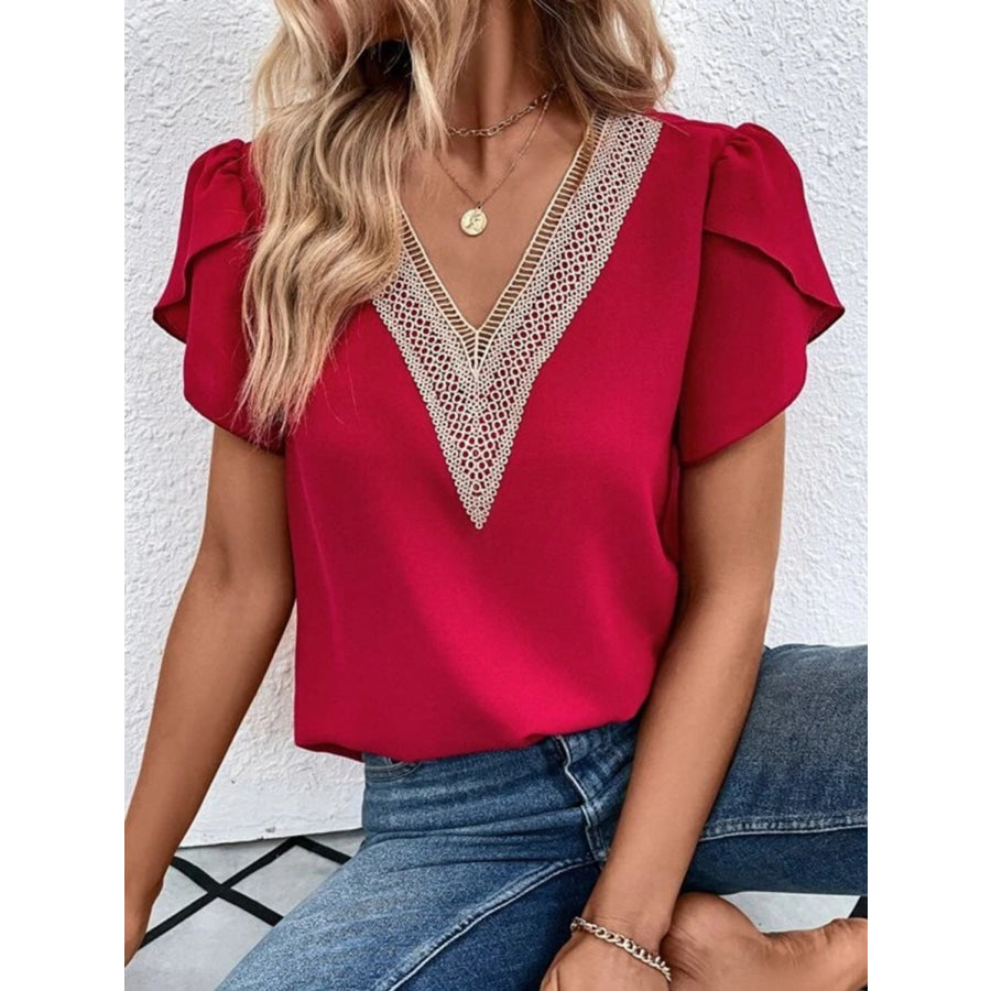 V - Neck Petal Sleeve Blouse Apparel and Accessories