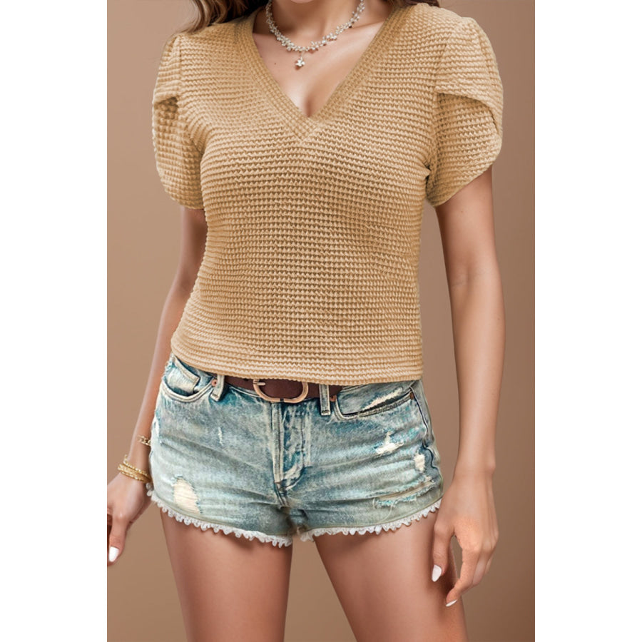 V-Neck Petal Sleeve Blouse Camel / S Apparel and Accessories