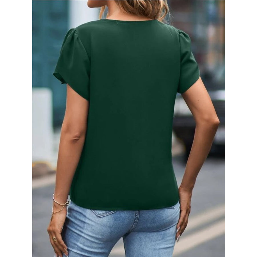 V - Neck Petal Sleeve Blouse Green / S Apparel and Accessories