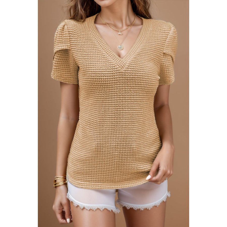 V-Neck Petal Sleeve Blouse Camel / S Apparel and Accessories