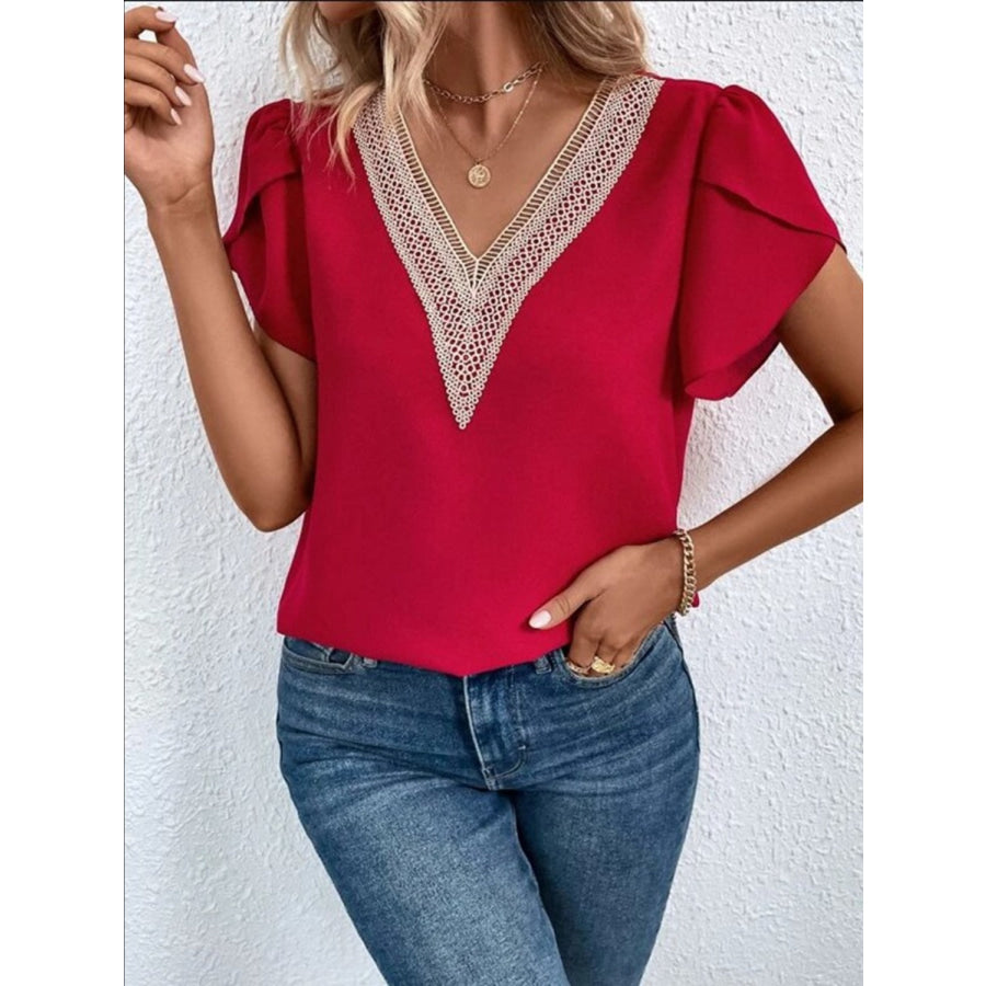 V - Neck Petal Sleeve Blouse Deep Red / S Apparel and Accessories