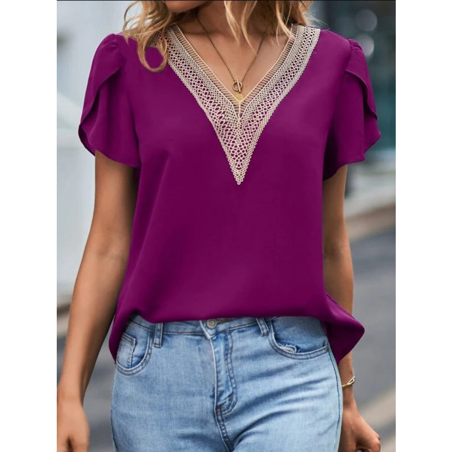 V - Neck Petal Sleeve Blouse Fuchsia / S Apparel and Accessories