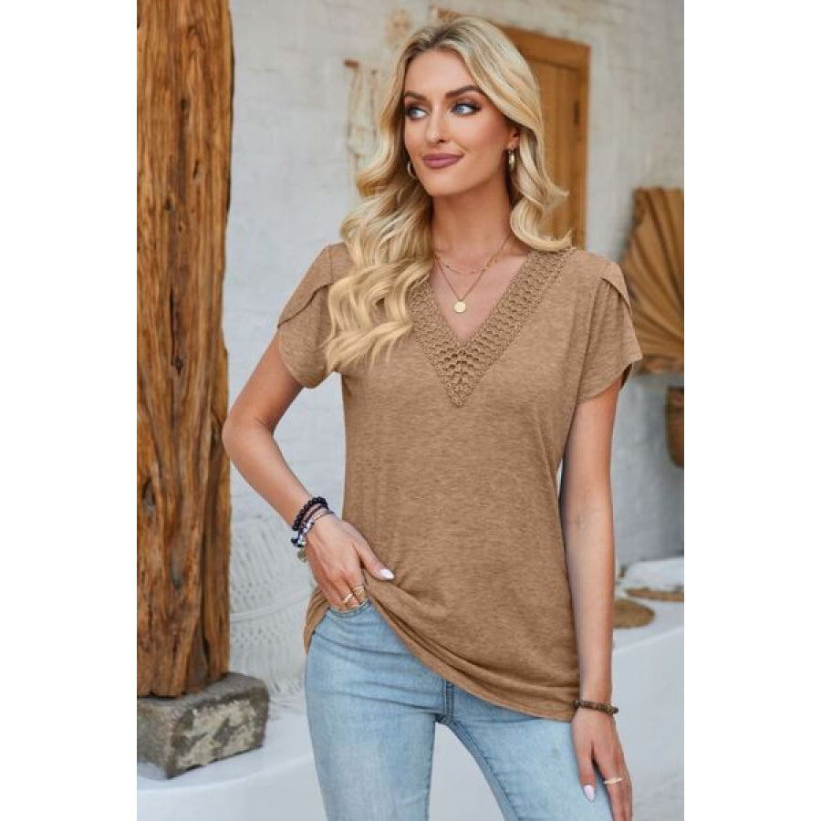 V - Neck Petal Sleeve T - Shirt Camel / S Apparel and Accessories