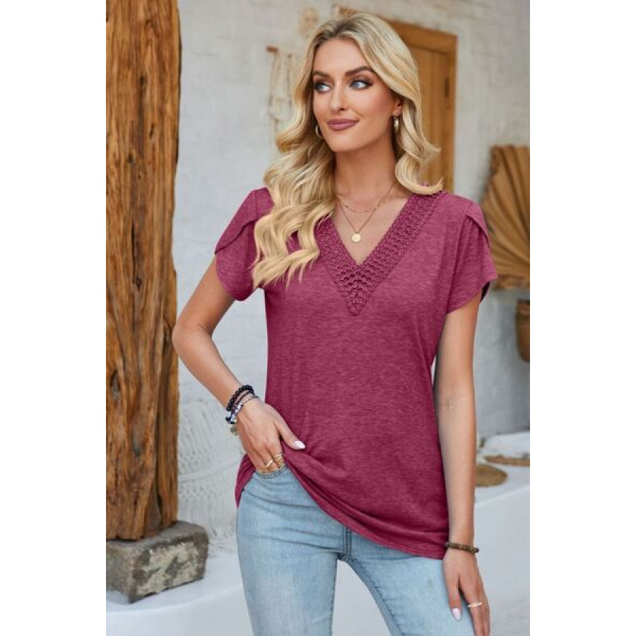 V - Neck Petal Sleeve T - Shirt Cerise / S Apparel and Accessories