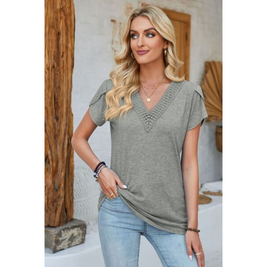 V - Neck Petal Sleeve T - Shirt Charcoal / S Apparel and Accessories
