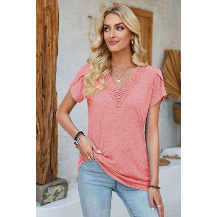V - Neck Petal Sleeve T - Shirt Coral / S Apparel and Accessories
