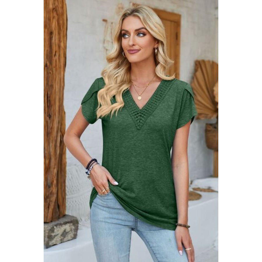 V - Neck Petal Sleeve T - Shirt Green / S Apparel and Accessories