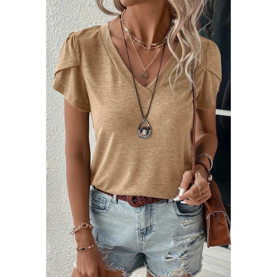 V-Neck Petal Sleeve T-Shirt Khaki / S Apparel and Accessories
