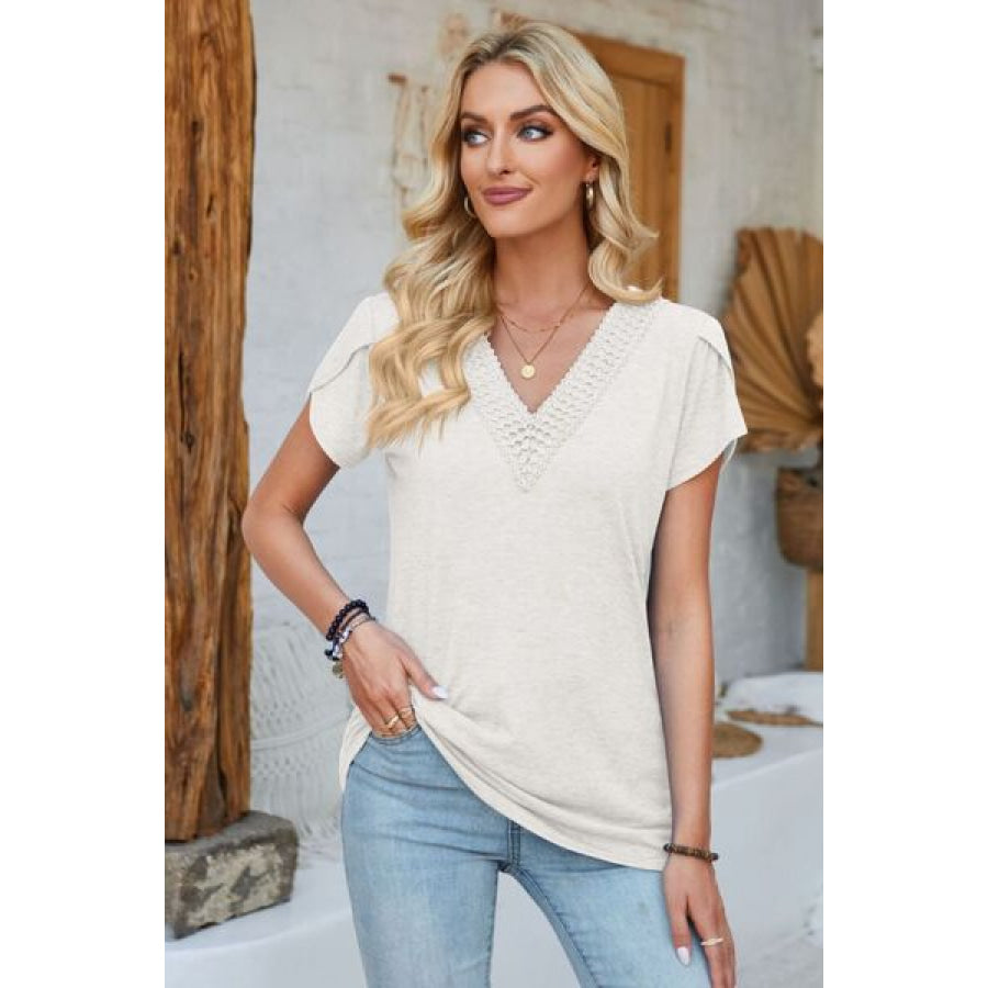 V - Neck Petal Sleeve T - Shirt White / S Apparel and Accessories