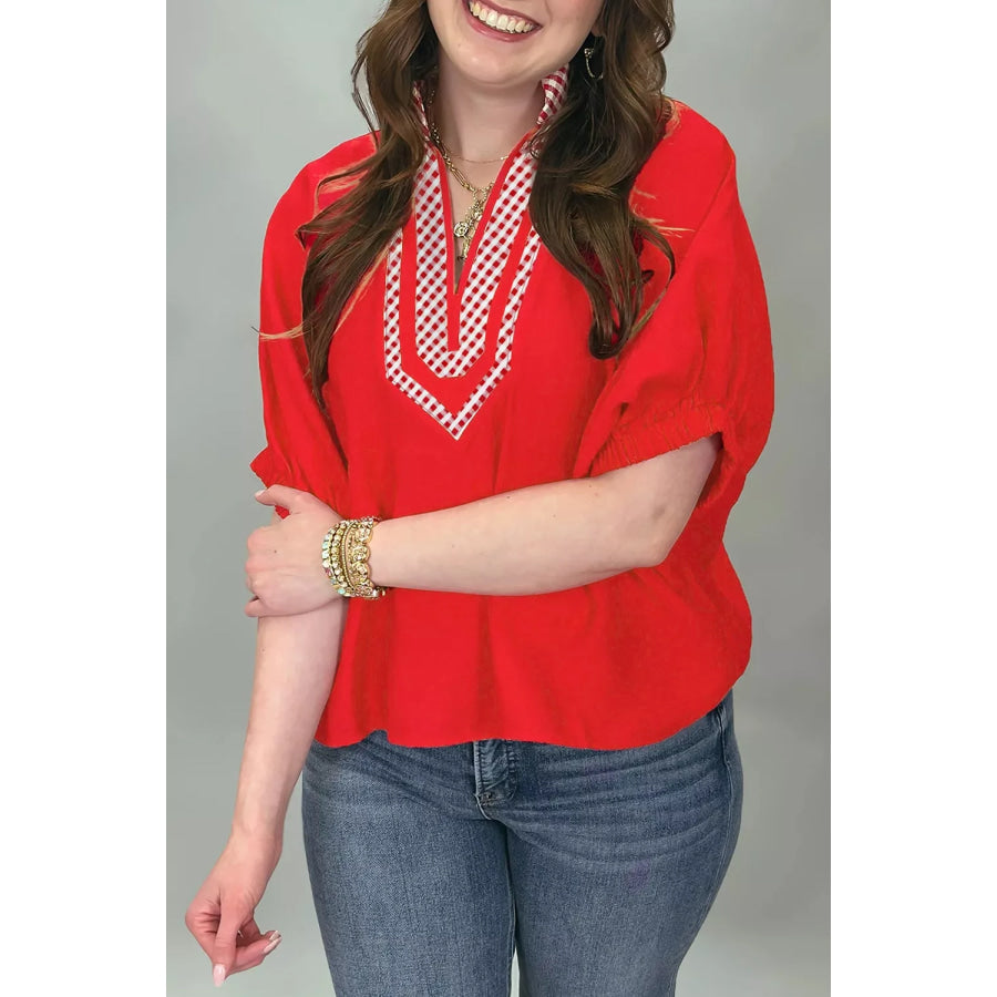 V Neck Plaid Collar Short Sleeve Tunic Blouse Apparel and Accessories