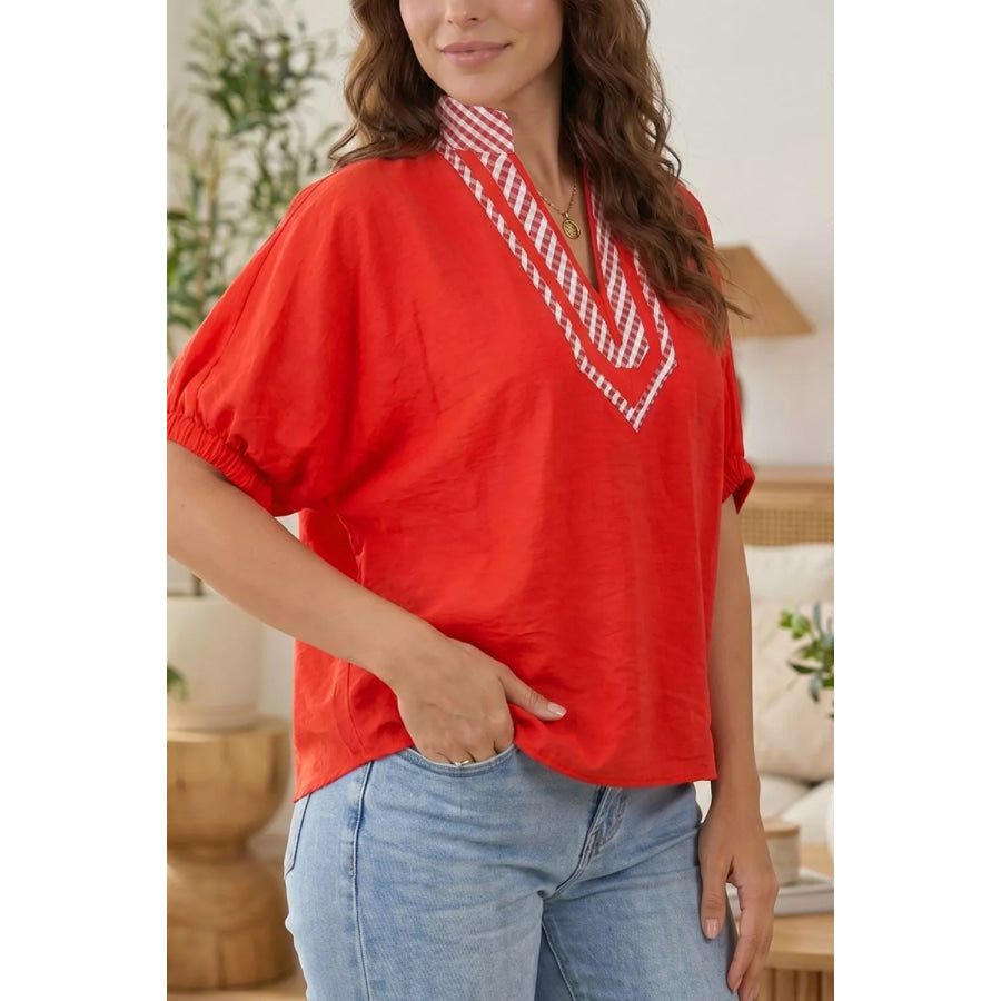 V Neck Plaid Collar Short Sleeve Tunic Blouse Apparel and Accessories