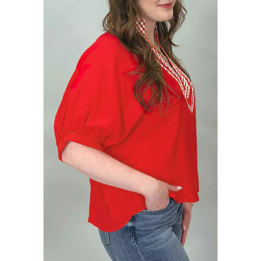 V Neck Plaid Collar Short Sleeve Tunic Blouse Apparel and Accessories
