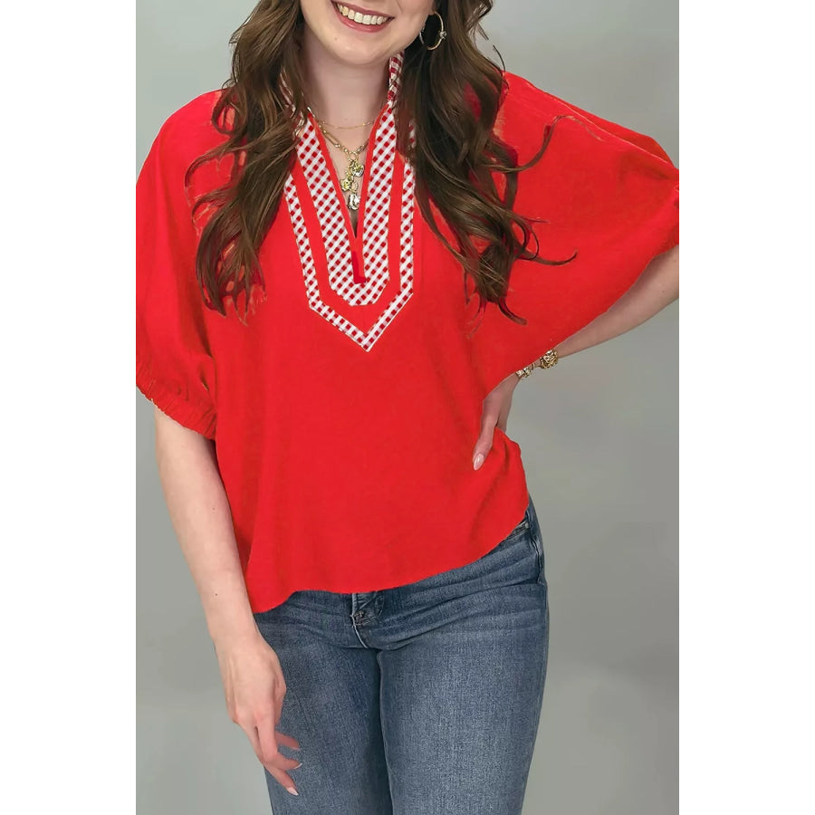 V Neck Plaid Collar Short Sleeve Tunic Blouse Apparel and Accessories