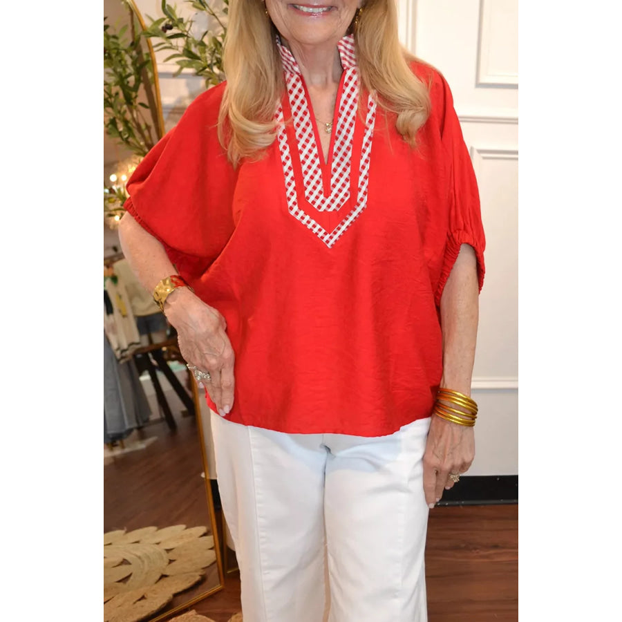 V Neck Plaid Collar Short Sleeve Tunic Blouse Red / S Apparel and Accessories
