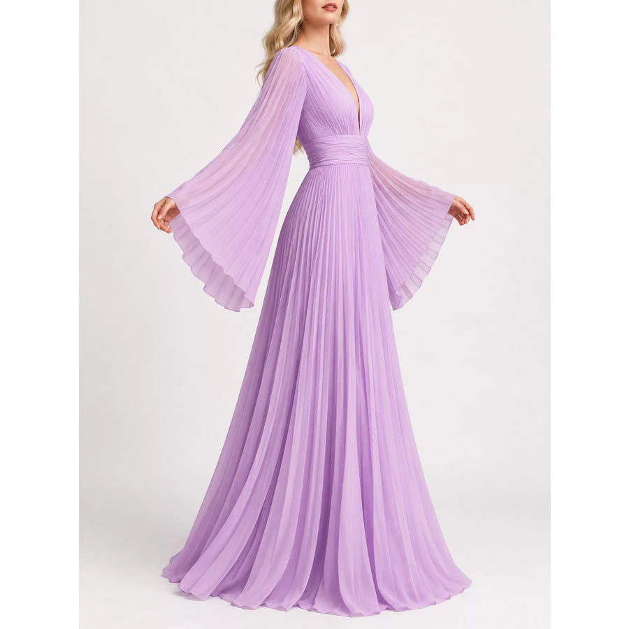 V-Neck Pleated Maxi Dress Apparel and Accessories