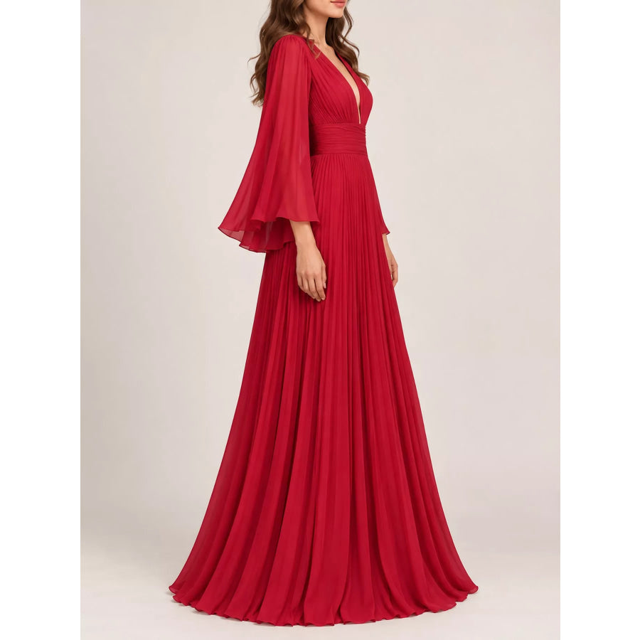 V-Neck Pleated Maxi Dress Apparel and Accessories
