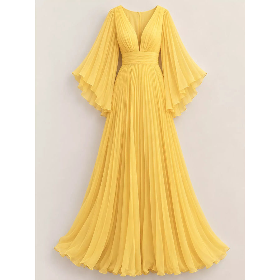 V-Neck Pleated Maxi Dress Apparel and Accessories