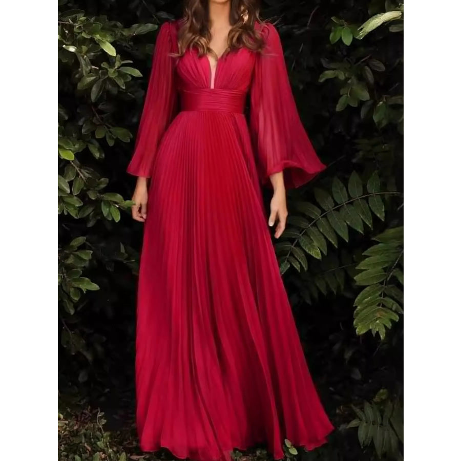 V-Neck Pleated Maxi Dress Red / S Apparel and Accessories