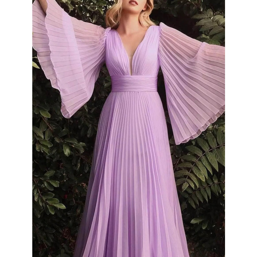 V-Neck Pleated Maxi Dress Violet / S Apparel and Accessories