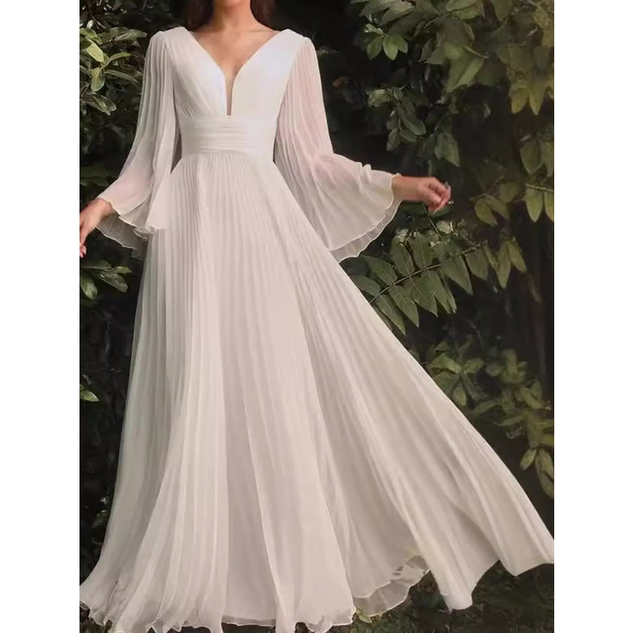 V-Neck Pleated Maxi Dress White / S Apparel and Accessories