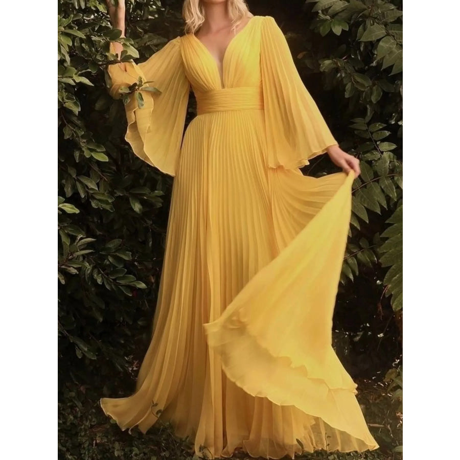 V-Neck Pleated Maxi Dress Yellow / S Apparel and Accessories