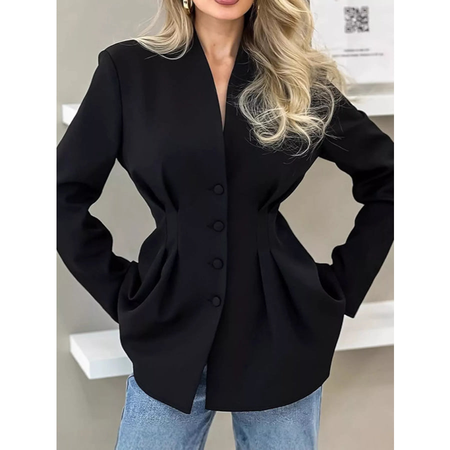 V-Neck Pleated Waist Slim-Fit Blazer Black / S Apparel and Accessories
