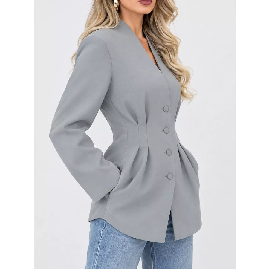 V-Neck Pleated Waist Slim-Fit Blazer Grey / S Apparel and Accessories