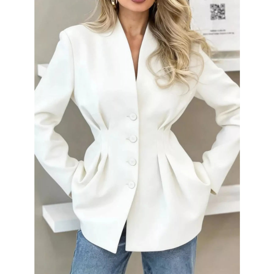 V-Neck Pleated Waist Slim-Fit Blazer White / S Apparel and Accessories