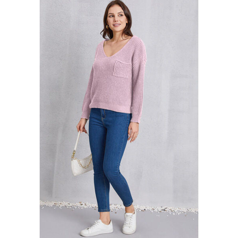 V - Neck Pocketed Dropped Shoulder Knit Top Apparel and Accessories