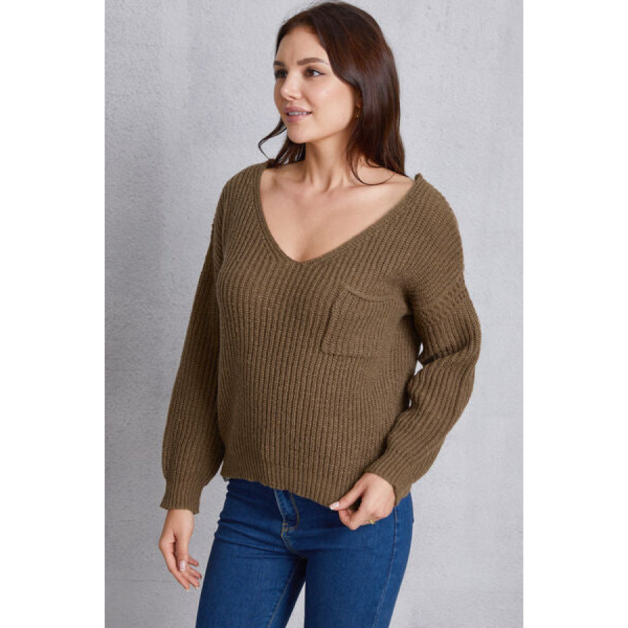 V - Neck Pocketed Dropped Shoulder Knit Top Apparel and Accessories