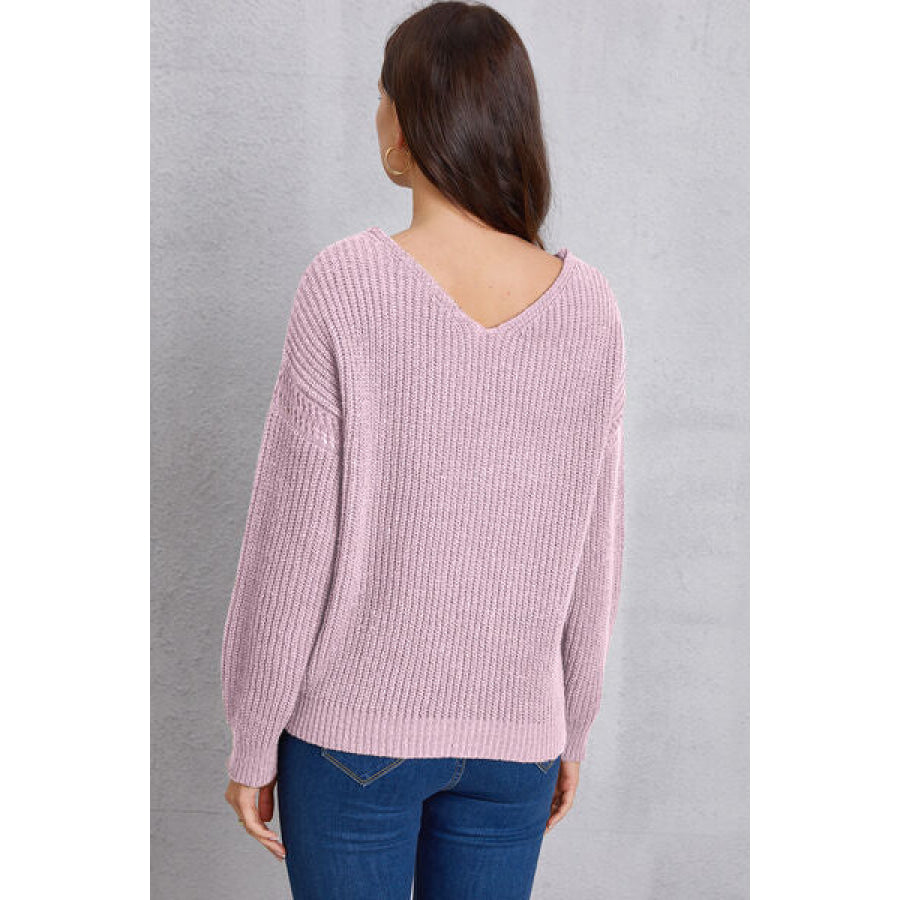 V - Neck Pocketed Dropped Shoulder Knit Top Apparel and Accessories