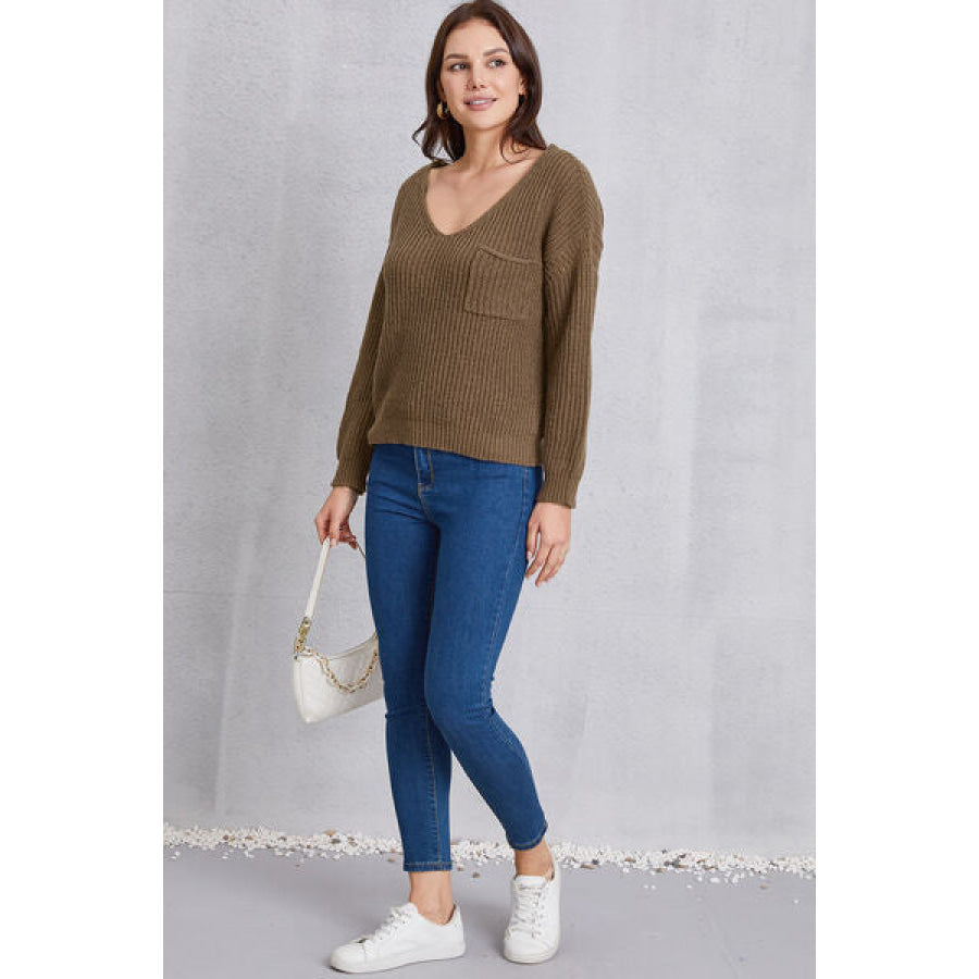 V - Neck Pocketed Dropped Shoulder Knit Top Apparel and Accessories